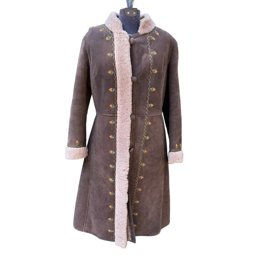 Genuine Shearling Coat Brown Long Embroidered Real Sheepskin Fur made in Poland